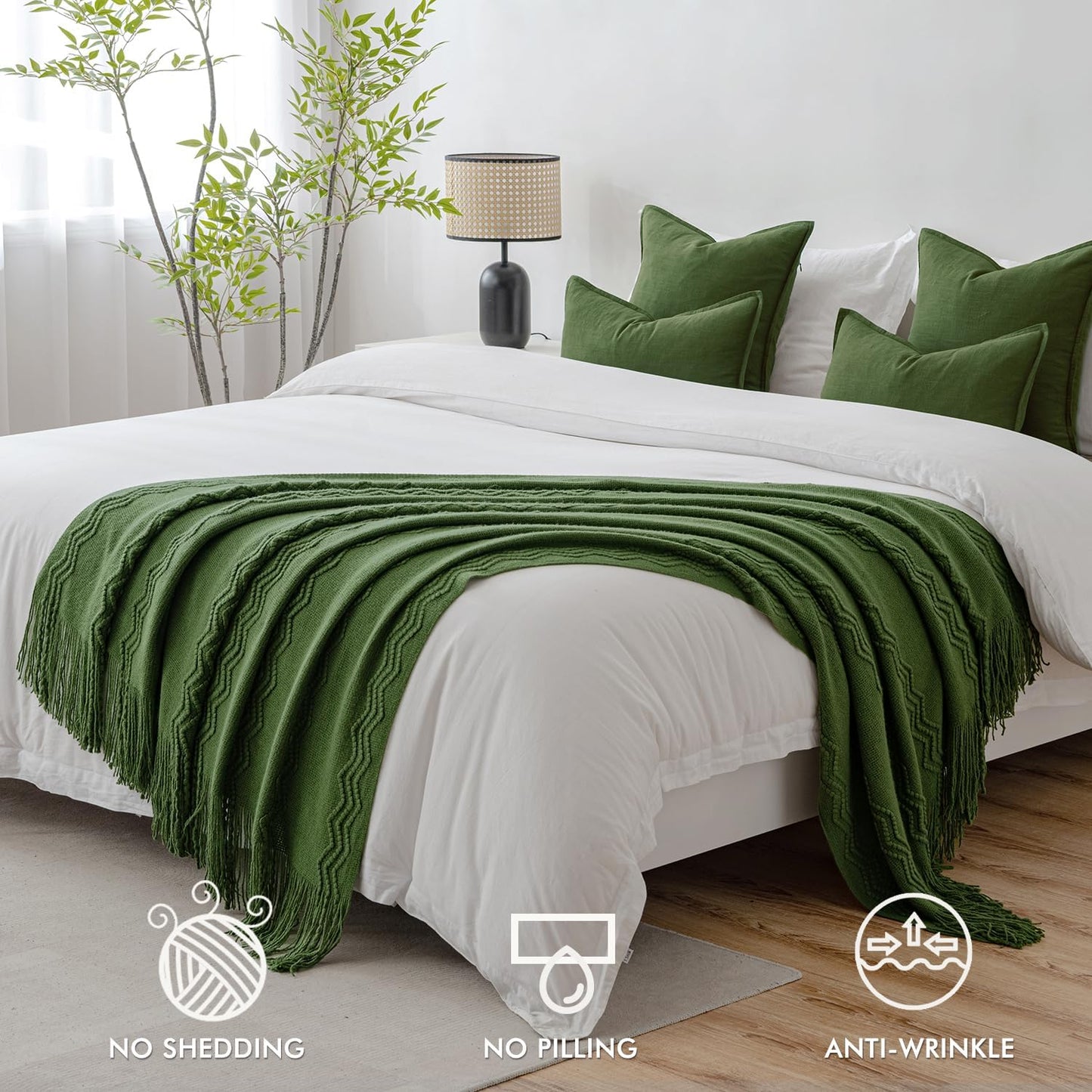 MIULEE Olive Green Knitted Throw Blanket for Couch Boho Textured Cozy Woven Blanket with Tassels for Sofa Chair Bed Living Room Spring Acrylic Wave Pattern 50"x60"