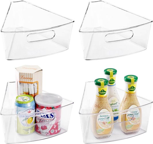Oubonun Lazy Susan Organizers Set of 4, 10.2”x 9.4”x 4” Plastic Transparent Kitchen Cabinet Storage Bins with Handle, 4" Deep Container, 1/8 Wedge - Food Safe, without BPA