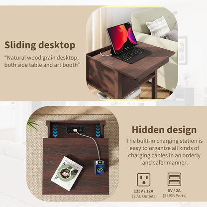 Rresyet Sliding Side Table with Charging Station & 2-Tier Storage,Farmhouse End Table, Wooden Nightstand for Bedroom & Living Room,Cherry