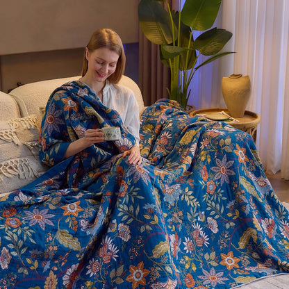 Fall Throw Blanket for Couch, Blue Boho Decorative Throw Blanket, 100% Cotton Muslin Breathable Woven Farmhouse Blankets Quilt, 60"x80" Reversible Lightweight Blankets Bohemian Throw Quilt