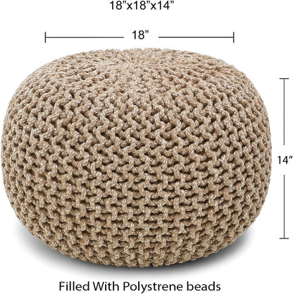 REDEARTH Round Pouf Ottoman - Hand Knitted Cable Boho Poof Home Décor Pouffe Circular Footrest for Living Room - Nursery - Bedroom - Lounge 100% Cotton (18”x18”x14”) - Beige Ivory