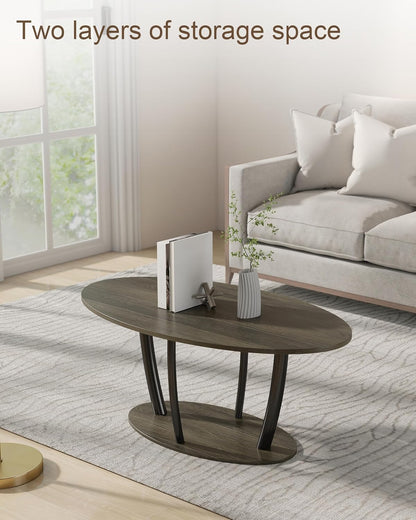 Manora Small Oval Coffee Table with Storage, Rustic Farmhouse Industrial Center Table for Living Room, VintageTea Table for Small Spaces, Gray