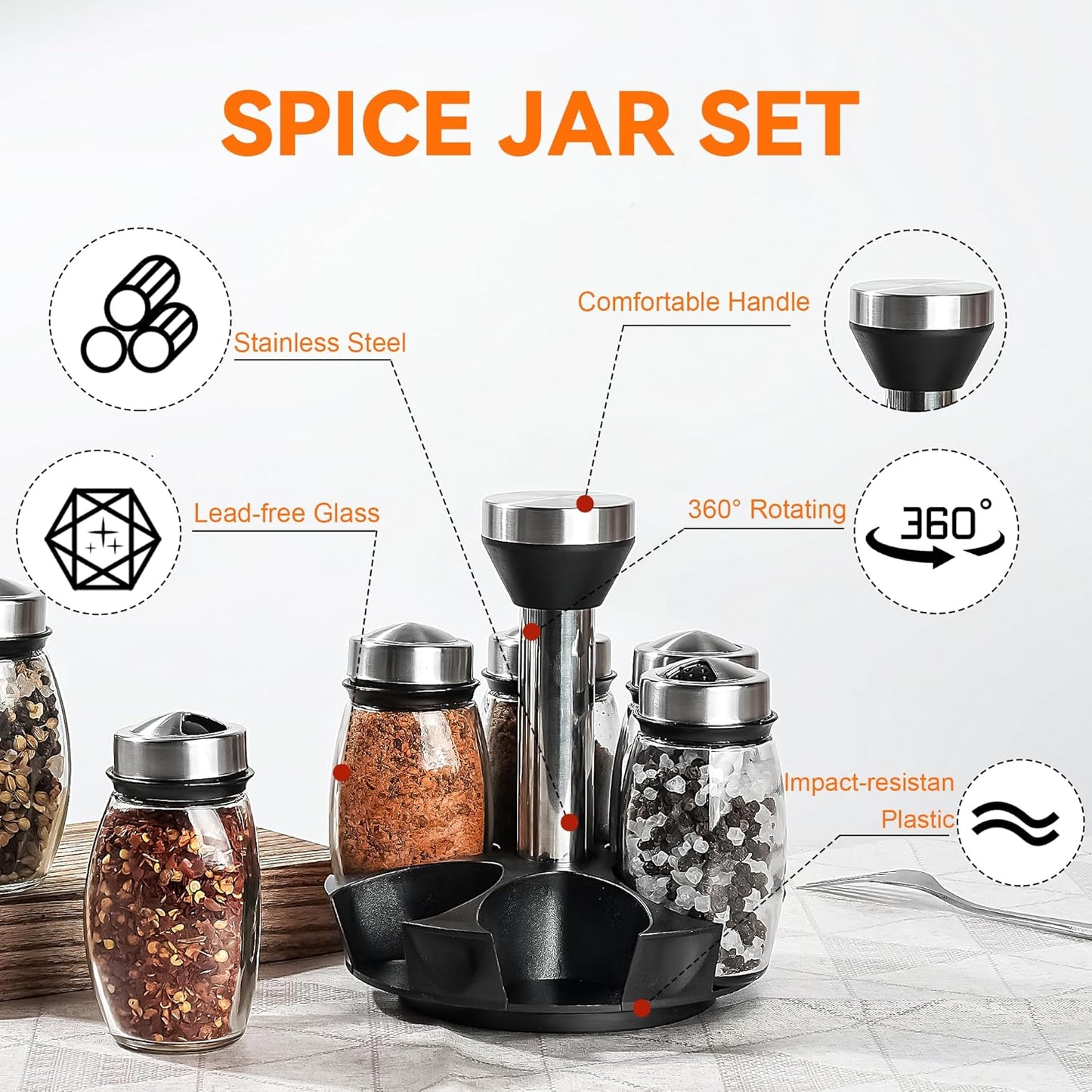 Mlici 6PC Spinning Glass Spice Jars - 360° Rotating Spice Rack Organizer with Jars, Stainless Steel Revolving Seasoning Holder Jars for Countertop Cabinet Kitchen Spices Cruets