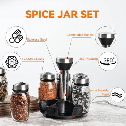 Mlici 6PC Spinning Glass Spice Jars - 360° Rotating Spice Rack Organizer with Jars, Stainless Steel Revolving Seasoning Holder Jars for Countertop Cabinet Kitchen Spices Cruets