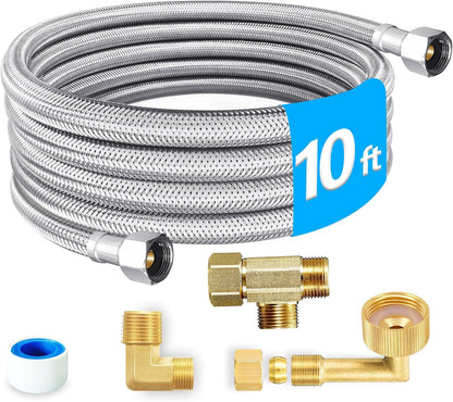 Dishwasher Installation Kit - 10 FT Stainless Steel Braided Dishwasher Hose kit,Food Grade PEX Inner Tube Water Line with Add A Tee,3/8"MIP Elbow,3/8"x3/4"FHT Elbow