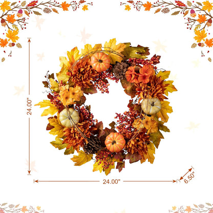 Glitzhome 24 inch Artificial Fall Wreath Decor, Autumn Maple Leaf Wreath for Front Door with Dahlia Pumpkin, Leaf and Berry Wreaths for Autumn Harvest Thanksgiving Halloween Decor