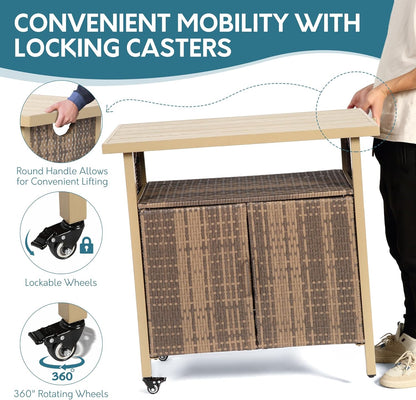 Outdoor Indoor Storage Cabinet with Rolling Wheels, Patio Serving Cart with Bar Table and Wicker Cabinet, Kitchen Island Prep Table, Beige