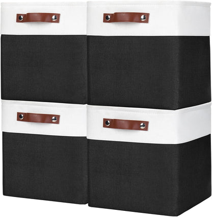 Collapsible Fabric Storage Cubes 11x11 Cube Storage Bins, 4 Pack Closet Baskets Box with Handles for Organizing, Shelf, Toys, Clothes, Home, Office, Nursery (Black&White)