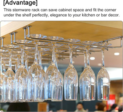 UXcell Under Cabinet Wine Glass Rack, 4-Piece Stainless Steel Stemware Organizer, 10-Inch Hanger for 5mm Stemware, Black