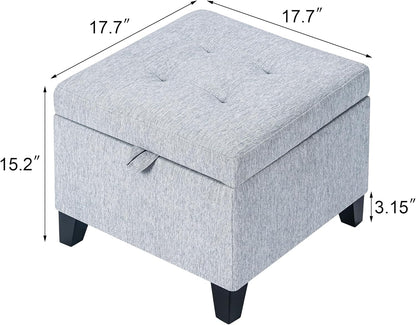 Adeco 18 Inch High Cube Ottoman Storage, Linen Chair Foot Stools, Upholstered Vanity Stool with Hinged Lid, Solid Wood Legs