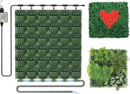 Self Watering Wall Mounted Vertical Planter, 36 Pots Wall Planter Indoor Vertical Living Green Plant Wall Easy Installation (Green with Timing System)