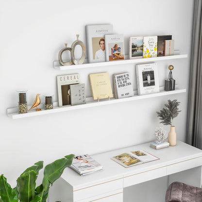 Solid Ash Wood Picture Ledge Shelf, 36 Inch Floating Shelves with Lip Set of 2, Photo Ledge Shelf Nursery Bookshelf Wall Mounted for Living Room Bedroom Decor, White