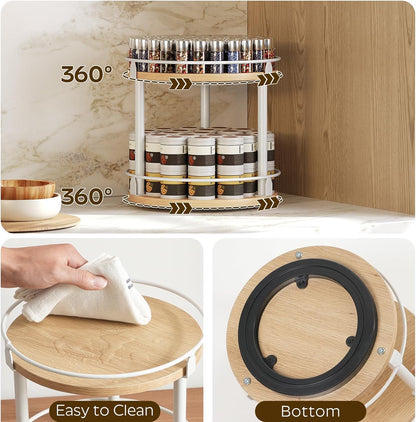 Lazy Susan Organizer, Rotating Spice Rack, 2 Tier Spice Turntable Organizer, Industrial Turntable Spice Holder, for Kitchen Countertop, Compact and Versatile, White and Natural SR22WN