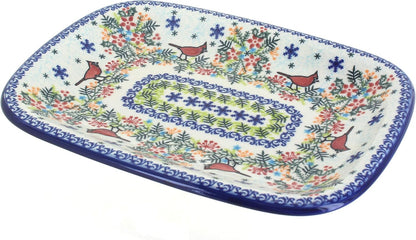 Blue Rose Polish Pottery Winter Cardinal Medium Rectangular Serving Platter