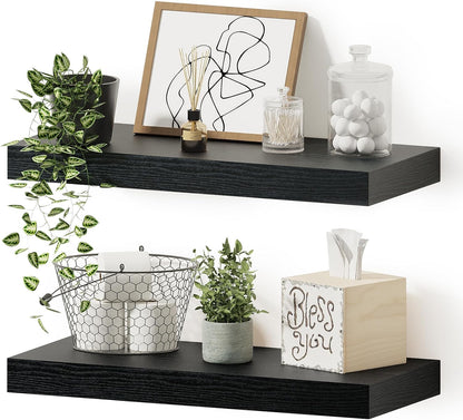 Black Floating Shelves for Wall, 16 inchs x 6.7” deep x 1.4” Wall Shelf for Bathroom Bedroom, Living Room, Kitchen, Office Home Decor, Narrow Wood Shelves with Invisible Brackets Set of 2