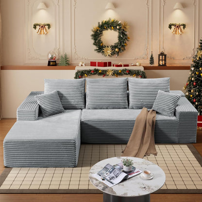 HYJT-H&K Modular Sectional Sofa Cloud Couch, 107" Comfy L Shaped Sectional Couches for Living Room, Deep Seat Memory Foam Plush Fluffy Corduroy Boneless Couch Sectionals Left Facing Sofa Chaise Grey