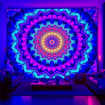 Blacklight Mandala Tapestry for Bedroom, Black Light Posters for Adults and Teens, Colorful UV Reactive Aesthetic Bohemian Wall Art Decor (40 x 30 Inches)