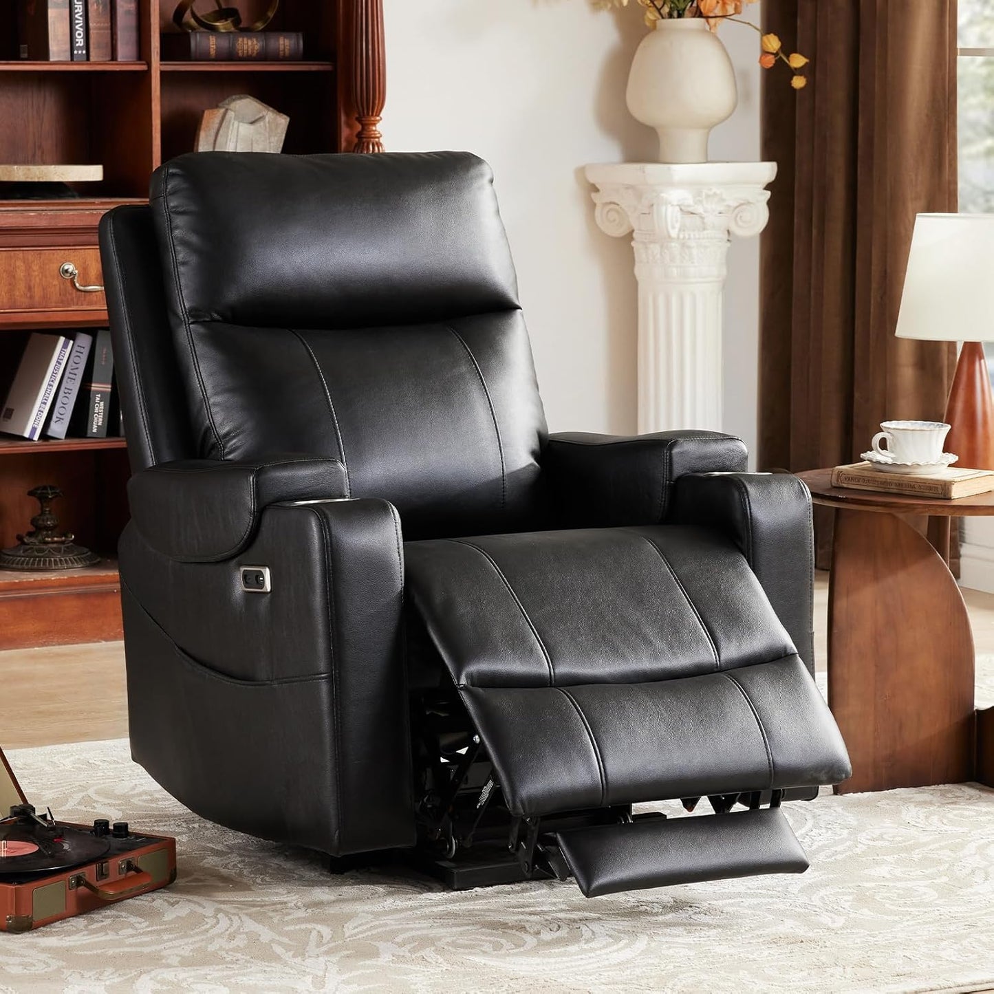Triple Motor Power Lift Recliner Chair with Adjustable Lumbar Support, Lay Flat Recliner for Elderly, Breathable Black Lift Chair Leather Recliner, Massage & Heating, USB Ports, Cup Holders