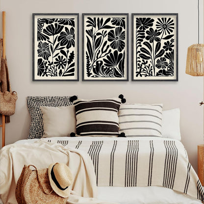 Abstract Floral Botanical Wall Art 16x24 Inch 3 Piece Black Vintage Boho Plant Flower Minimalist Wood Frame Sign Home Living Room Family Office Mid Century Print Wall Hanging Decor (Black)