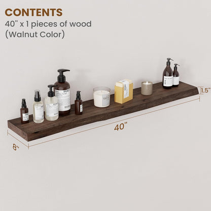 Floating Shelves for Wall Decor, Rustic Solid Elm Wood Live Edge Floating Shelves Wall Mounted, Wall Shelves with Invisible Bracket for Living Room Bathroom Bedroom Kitchen, 40 Inch Set of 1, Walnut