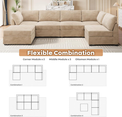 ovios Sectional Sofa Couch with U-Shape Chaise Sofa Bed, Comfy Modular Cloud Couches with Deep Seat, Modern Upholstered Plush Corduroy Sofas Set for Living Room, 6-Seater, Beige