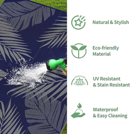 GENIMO Outdoor Rug 5' x 8' Waterproof for Patios Clearance, Reversible Outdoor Plastic Straw Camping Rug Carpet, Large Area Rugs Mats for RV, Picnic, Backyard, Deck, Balcony, Porch, Beach, Blue&Grey