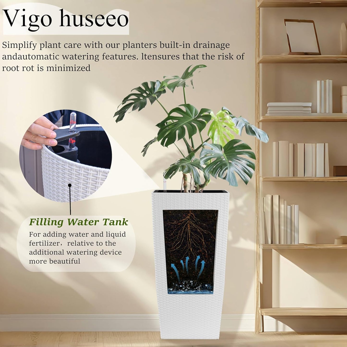 30in Tall Large Plant Pots Planter-Self-Watering Indoor/Outdoor Planting with Drain Holes, Water Level Monitor, Inner Bucket for Front Porch Patio, White Large