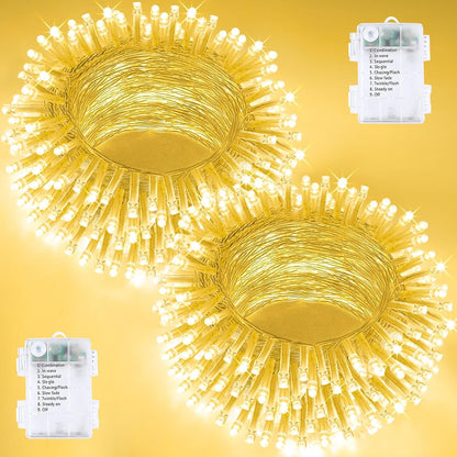 2 Pack String Lights Battery Operated with Timer, 66FT 200 LED Waterproof Battery Twinkle Lights, 8 Modes Fairy Light for Indoor & Outdoor Party Bedroom Garland Tree Christmas Decorations (Warm White)