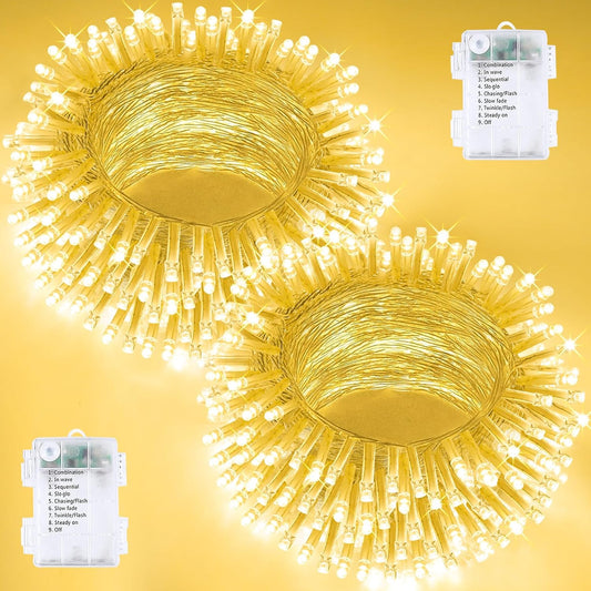 2 Pack String Lights Battery Operated with Timer, 66FT 200 LED Waterproof Battery Twinkle Lights, 8 Modes Fairy Light for Indoor & Outdoor Party Bedroom Garland Tree Christmas Decorations (Warm White)