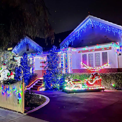 Icicle lights Outdoor - 33ft Christmas Lights with 400LED 75 Drops 8 Modes, Plug in Curtain String Lights Waterproof for Holiday Wedding Party Home Garden Bedroom Indoor Outdoor Decoration, Blue
