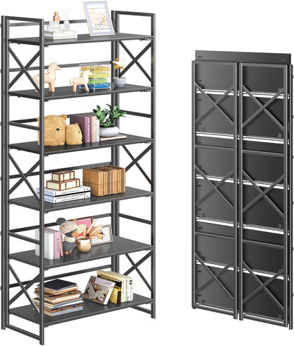 4NM 6 Tiers No Assembly Book Shelves, 61.8" H Folding Bookshelf Bookcase Open Industrial Foldable Shelves for Bedroom, Living Room, Home Office - All Black