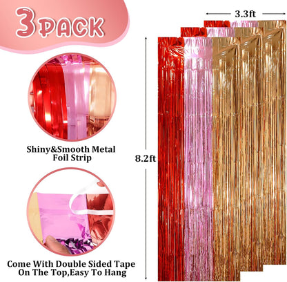 3 Pack 3.3 x 8.2 ft Valentine Foil Fringe Backdrop Curtains, Tinsel Streamers Party Decorations, Fringe Backdrop, Door Shimmer for Valentine or Birthday Party