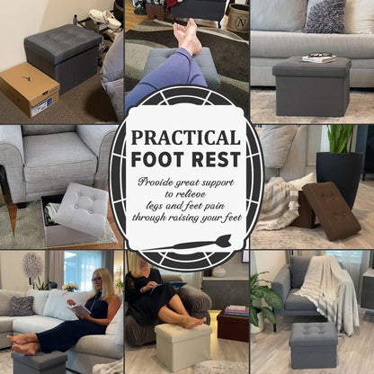 LINMAGCO Ottoman Storage Ottoman with Storage Small Foot Rest Stool Under Desk Stool Short Folding Footrest Linen Cloth Light Gray 16X12X12IN