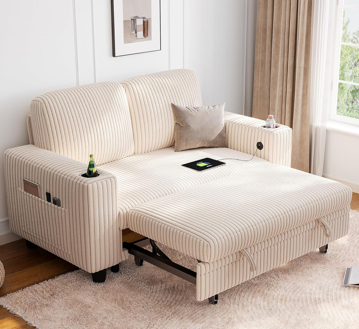 LINSY HOME Loveseat Sofa with Pull Out Couch Chaise: 2-in-1 Convertible 2 Seater Sofa with USB Charging & Cup Holders, Comfy Plush Corduroy Love Seat for Small Spaces Living Room Apartment, Beige