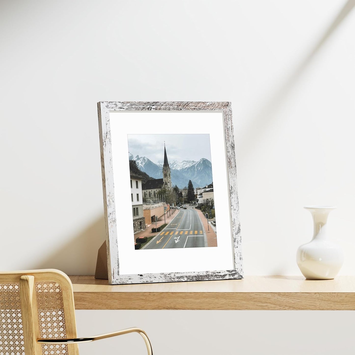 Vittanly 11x14 Picture Frames Set of 9, Shatter Resistant Plexiglass, Display 8x10 Pictures with Mat or 11x14 without Mat, Photo Frames for Wall or Tabletop, Engineered Wood, Distressed White