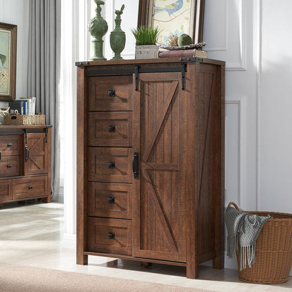 T4TREAM 5 Drawers Dresser for Bedroom w/Sliding Barn Door, Farmhouse Modern Dresser Tall 5 Chest of Drawers, Storage Organizer for Bedroom, Hallway, Living Room, Kids Room, Reclaimed Barnwood
