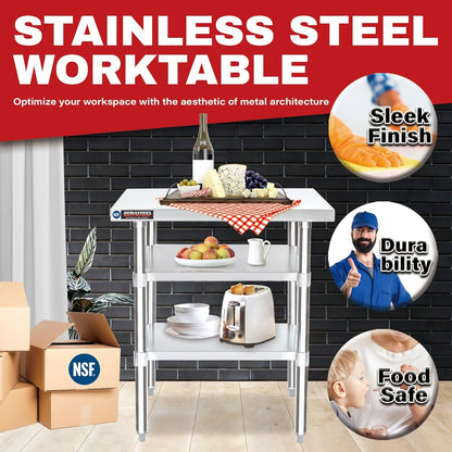 DuraSteel Food Prep Stainless Steel Table - 30 x 18 Inch Commercial Metal Workbench with Adjustable Under Shelf - NSF Certified - for Restaurant, Warehouse, Home, Kitchen, Garage