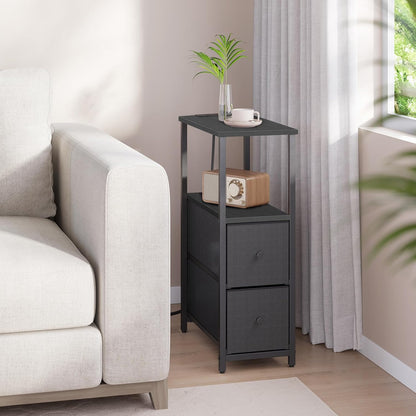 TUTOTAK Small Narrow End Table with Charging Station, Side Table with Outlets, Nightstand with 2 Cloth Drawers, Couch Table, for Living Room, Bedroom, Bedside, Black TB01BK085
