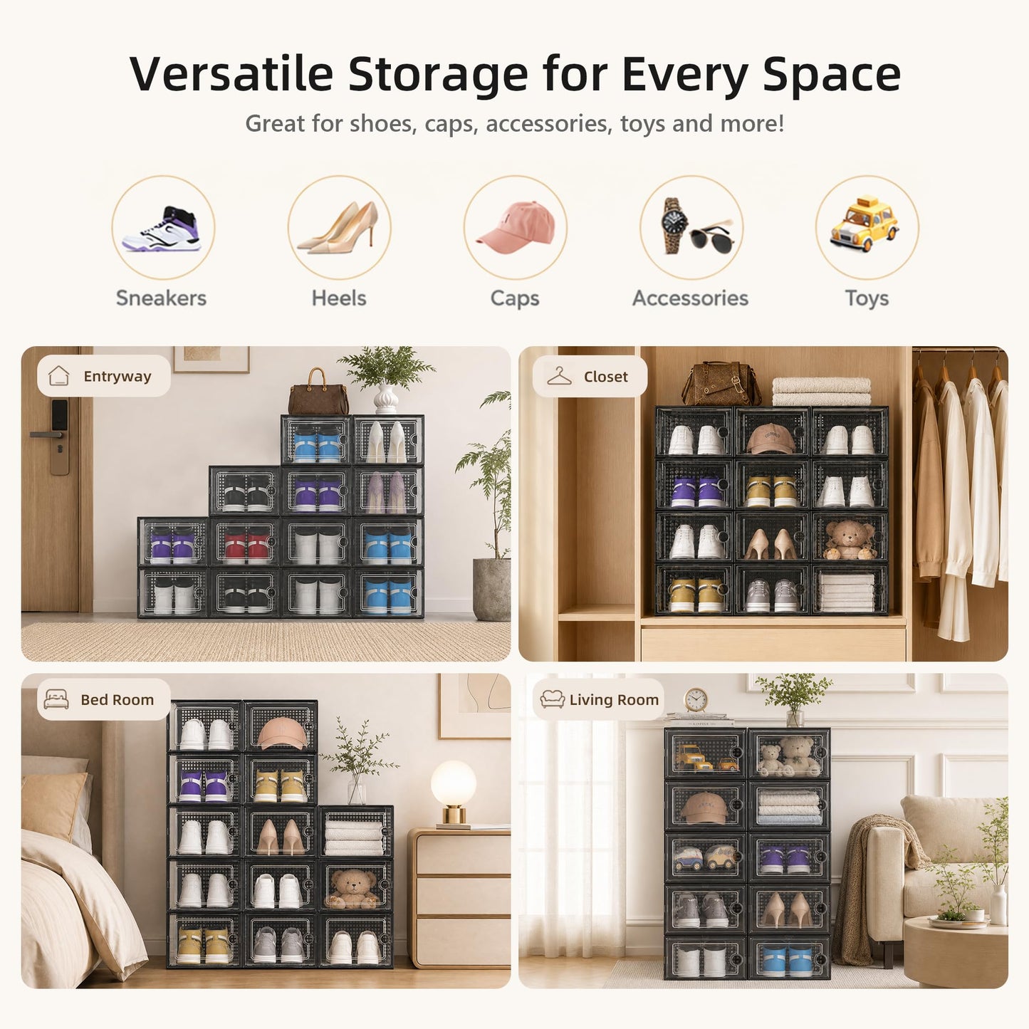 Kuject X-Large Shoe Storage Boxes 12 Pack, Clear Stackable Shoe Organizer