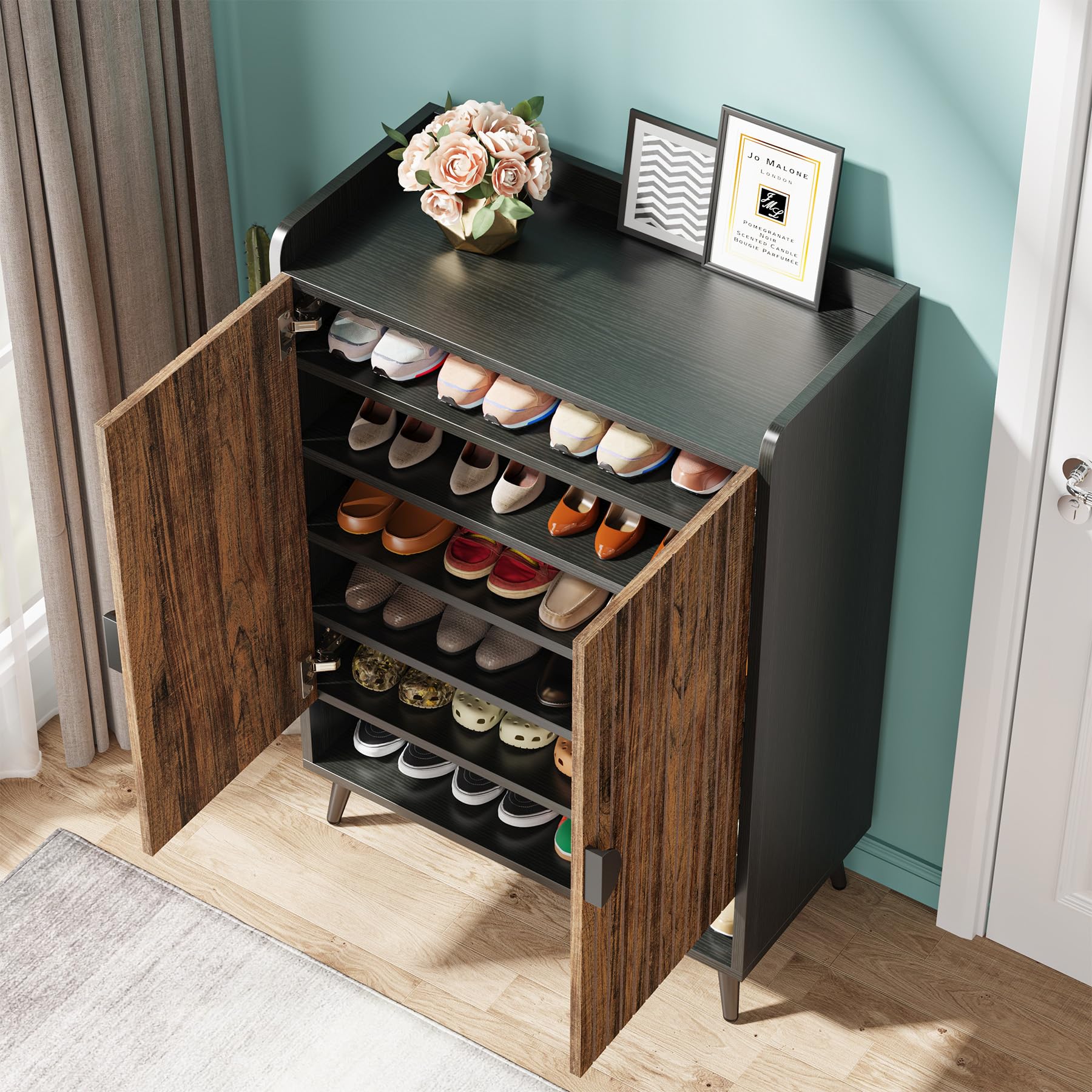 Tribesigns Shoe Cabinet with Doors, 7-Tier Shoe Storage Cabinet with Adjustable Shelves, Wooden