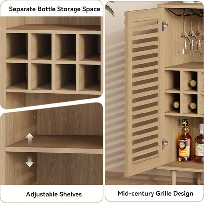 Mid Century Bar Cabinet with Wine Racks, Modern Liquor Cabinet with Slatted Doors for Dining Room, Living Room (Natural Color)