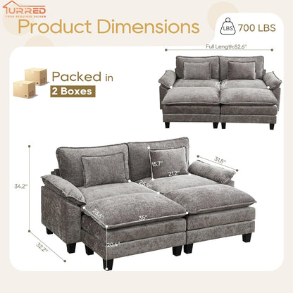 URRED Modular Sectional Sofa Comfy Cloud Couch, Modern Chenille Sofa Sleeper Deep Seat Couches with Ottoman/Pillows for Living Room (Gray, 82.6''- 2 Ottomans)