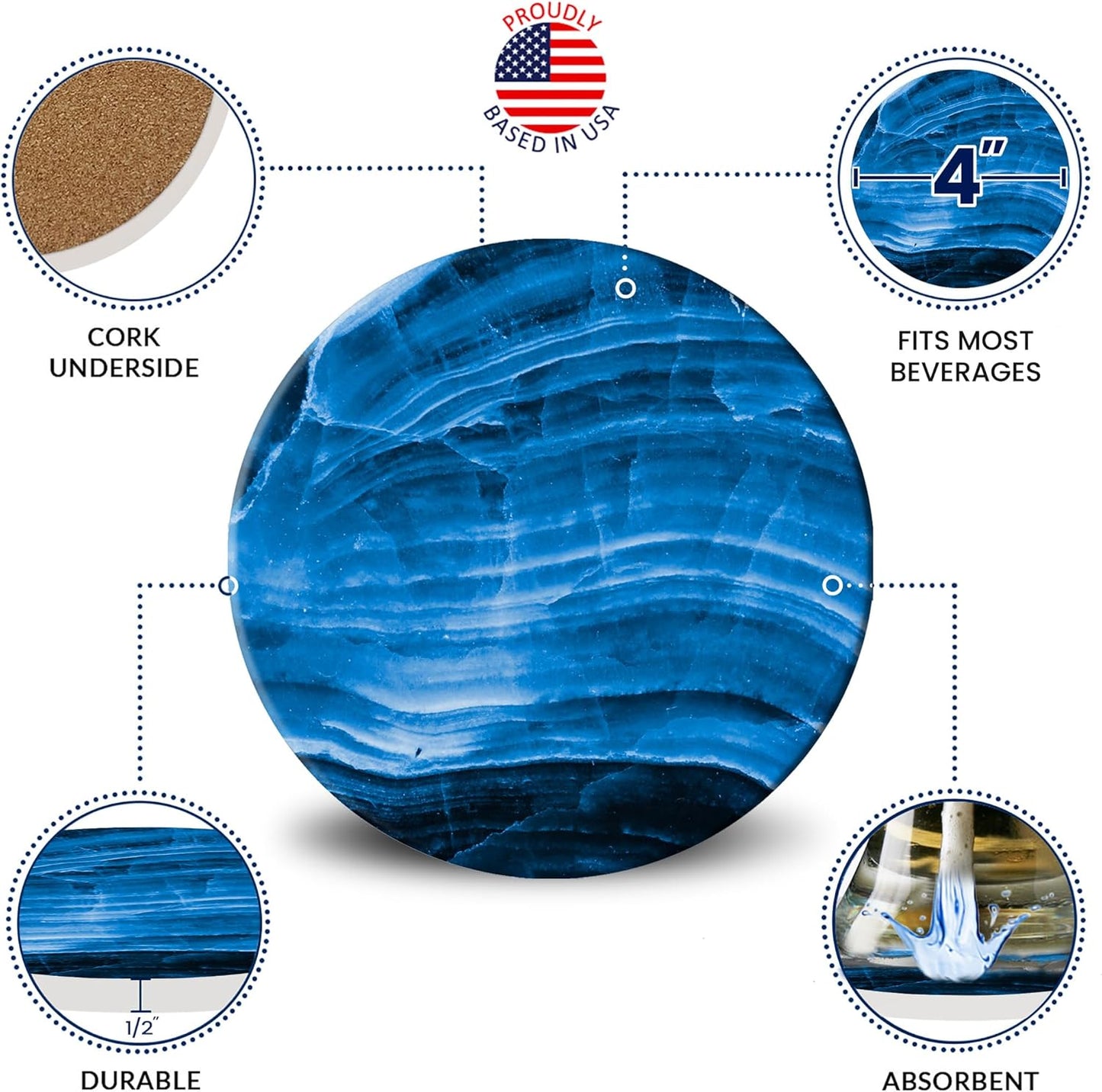 Emerson Coasters for Drinks Absorbent – Dining Table Set of 6 with Holder, 100% Ceramic Wooden Tabletop Protection Marble Style - Non Slip & Cork Bottom - Heavy Duty (Blue Stone)