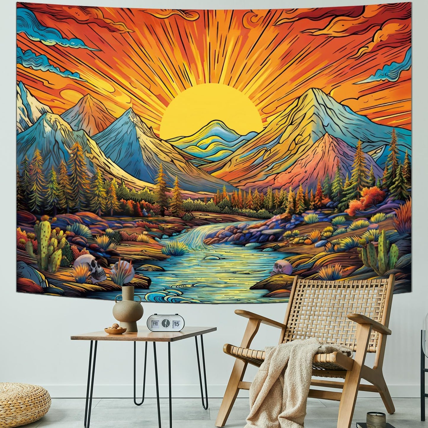Serborlur Boho Sun Mountain Tapestry Trippy Forest Tree Tapestry Vintage Aesthetic Magic River Tapestries Nature Landscape Wall Hanging for Bedroom Home Decor (70.8" x 92.5")