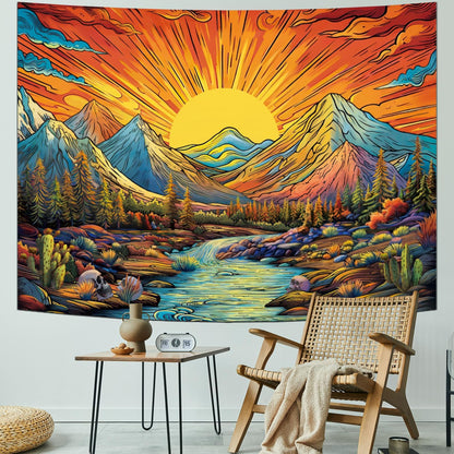 Serborlur Boho Sun Mountain Tapestry Trippy Forest Tree Tapestry Vintage Aesthetic Magic River Tapestries Nature Landscape Wall Hanging for Bedroom Home Decor (70.8" x 92.5")