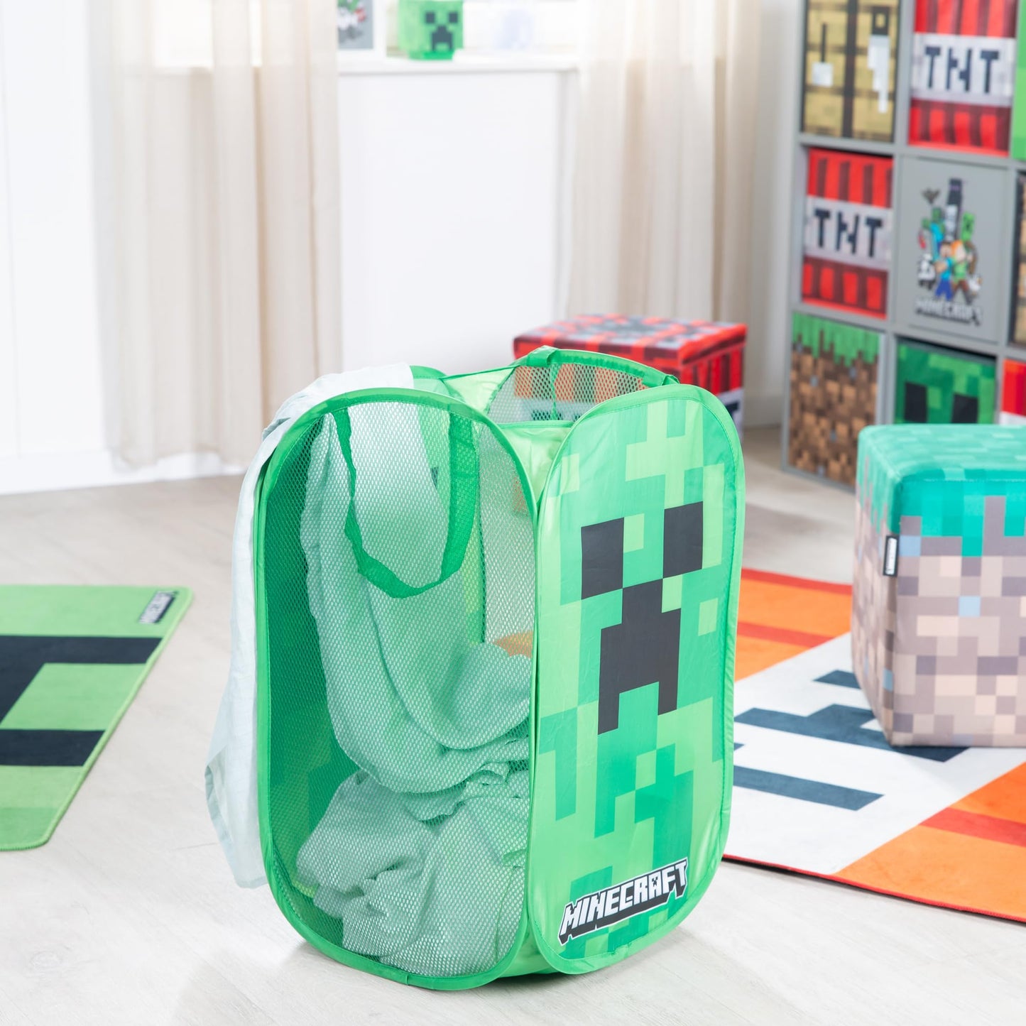Minecraft: Laundry Basket - Creeper - Green Pixel Cube, Pop-Up & Collapse, Use As Toy Storage, Game