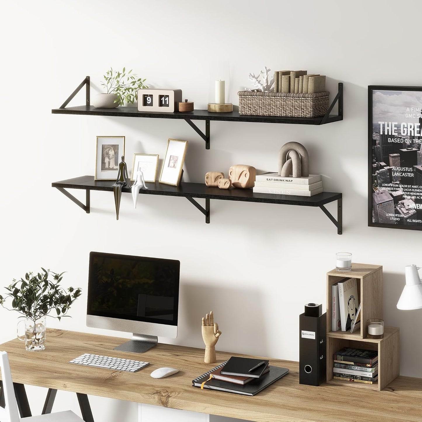 Floating Shelves 48 Inch Long, 10" Deep Floating Shelves, Black Wall Shelves 48 x 10, Set of 2, Wide Large Display Storage Shelves for Bathroom, Living Room, Rustic Wood Shelves with Brackets