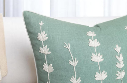 VAGMINE Hand Embroidered Daisy Accent Throw Pillow Cover - 20x20 Inches Square - 100% Cotton Light Teal Decorative Cushion Cover for Couch, Sofa, Bed - Textured Embroidery - Elegant Floral Home Décor