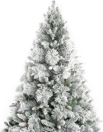 Glasgow 6.5ft Frosted Prelit Artificial Christmas Tree with Pine Cones, Foot Pedal, 1040 Branch Tips, 650 Warm Lights & Metal Stand, 56" Wide Realistic Snow Flocked Pine Christmas Tree with Lights