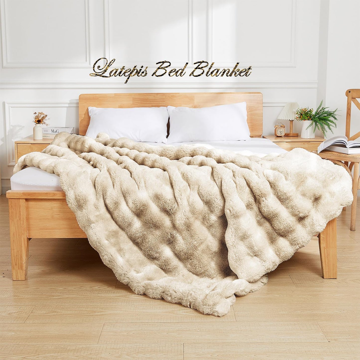 Latepis Soft Luxury Faux Fur Bubble Blanket, Thick Warm Cozy Twin Blankets for Couch, Plush Fluffy Blankets for Sofa and Bedroom, Fuzzy Blanket for Women Gift, 60” x 80”, Tie-dye Camel, 860GSM